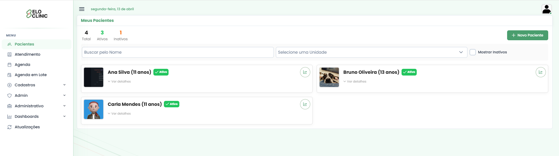 Tela de gerenciamento de atendimento do software EloClinic — plataforma de gestão clínica interdisciplinar para ABA, Fonoaudiologia, TO e Psicologia