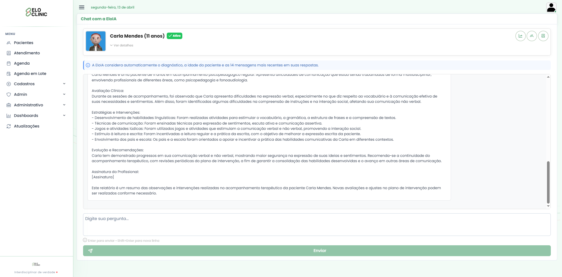 Tela de gestão de pacientes no aplicativo EloClinic — software interdisciplinar para clínicas com TEA e autismo