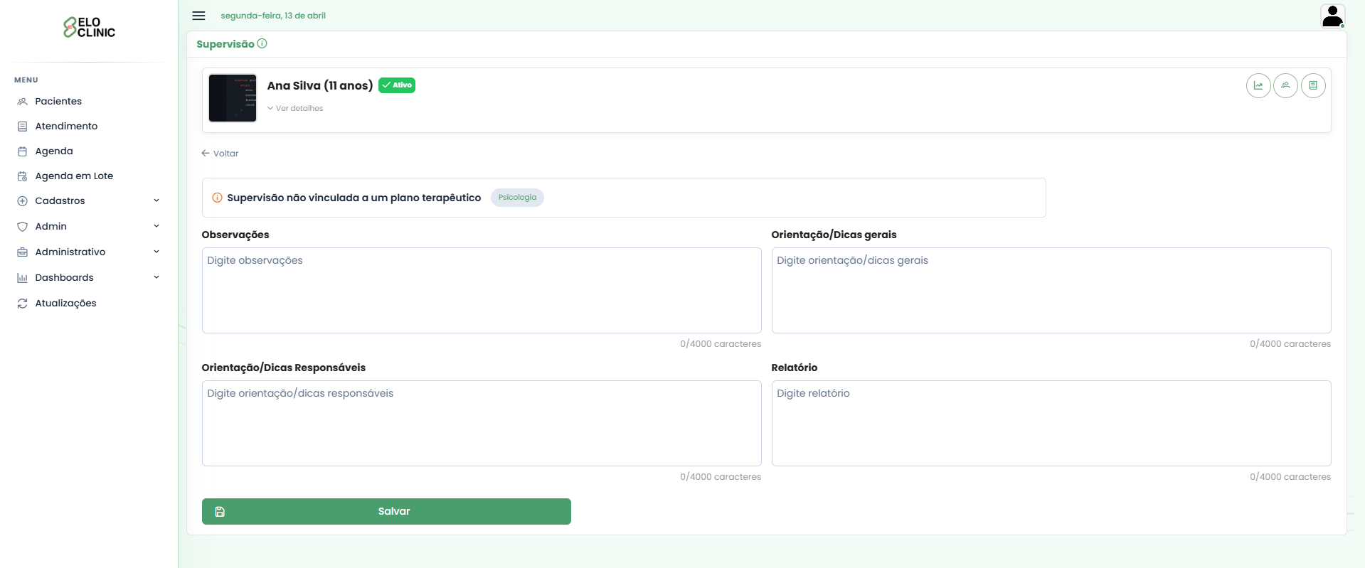 Tela de plano terapêutico com objetivos por especialidade no software EloClinic — gestão clínica ABA e TEA