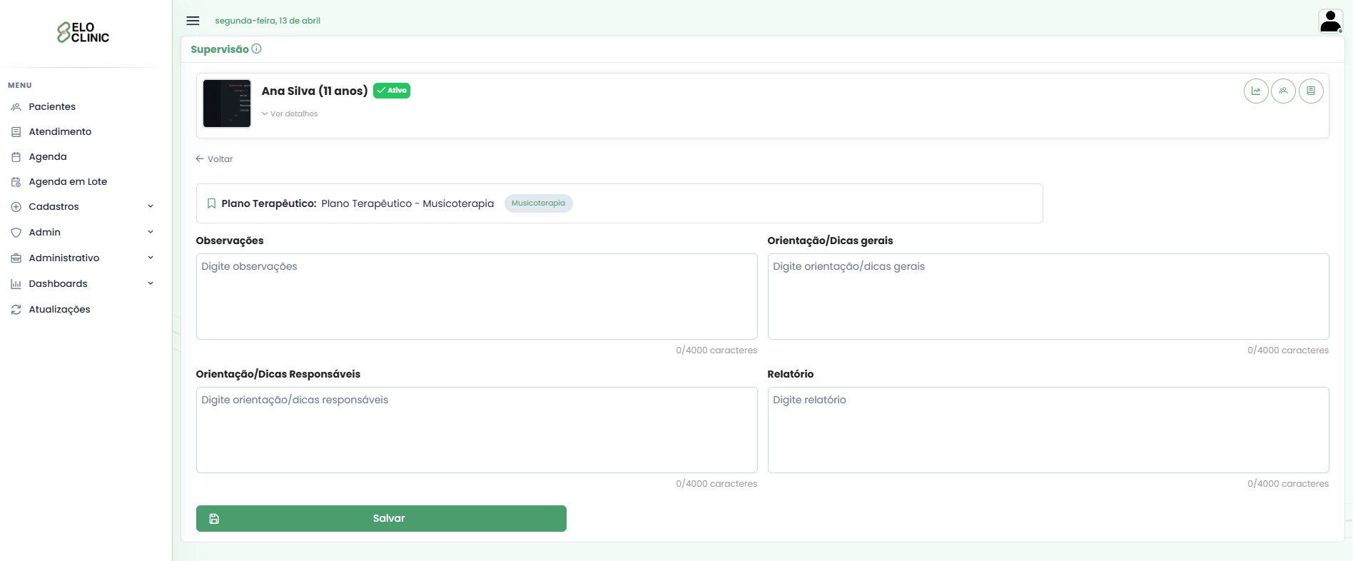 Tela de supervisão com campos específicos por especialidade — software de gestão clínica interdisciplinar EloClinic